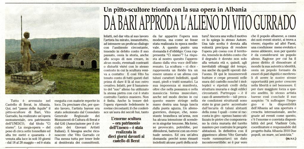 Articolo “Da Bari approda l’alieno di Vito Gurrado” sull’opera Ci siamo nel Castello di Berat