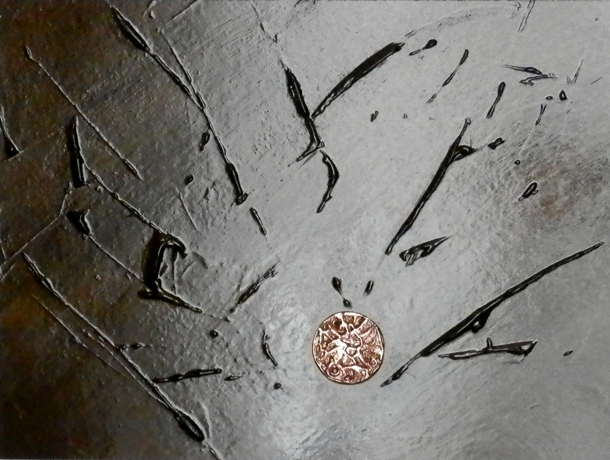 Punto di transizione, acrilico e tecnica mista su legno con moneta in bronzo di Vito Gurrado