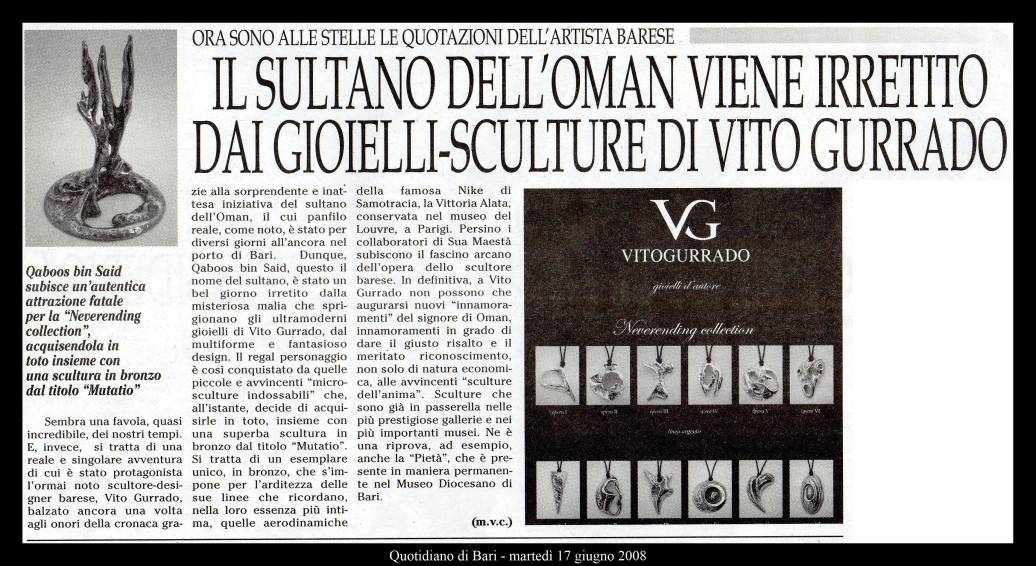 Articolo del Quotidiano di Bari sui gioielli-sculture di Vito Gurrado per il Sultano dell’Oman, 17 giugno 2008