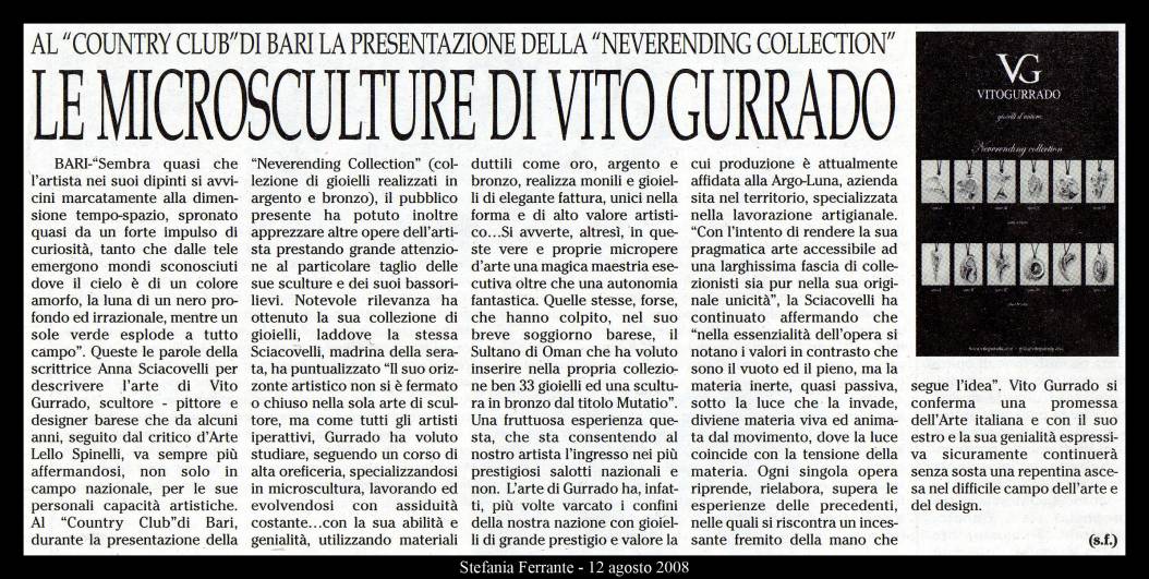 Articolo di Stefania Ferrante sulle microsculture di Vito Gurrado, 12 agosto 2008