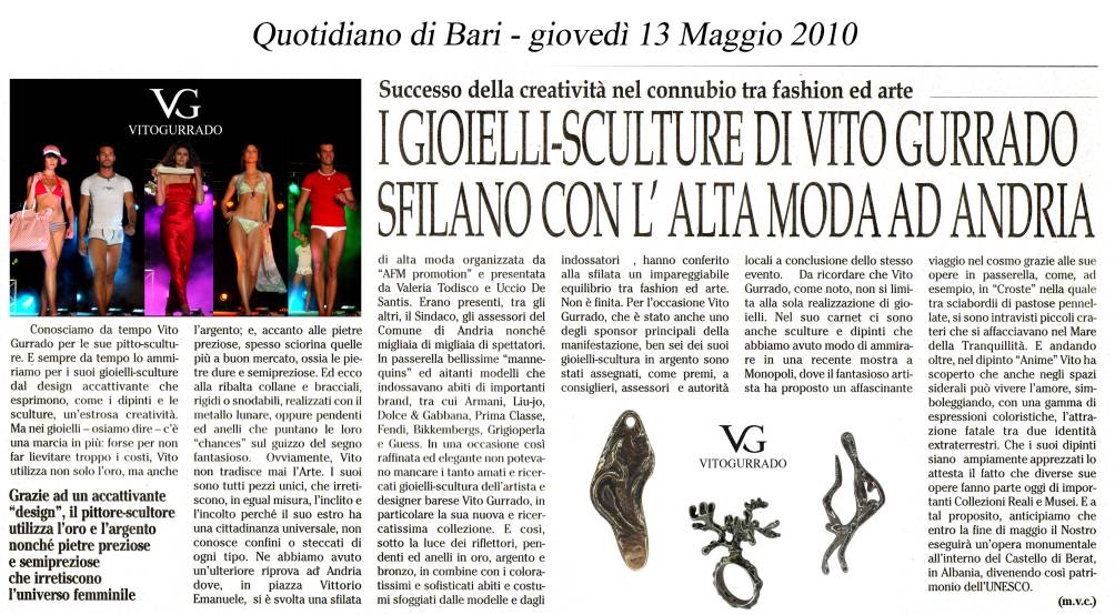 Articolo del Quotidiano di Bari sulla sfilata dei gioielli-sculture di Vito Gurrado ad Andria, 13 maggio 2010